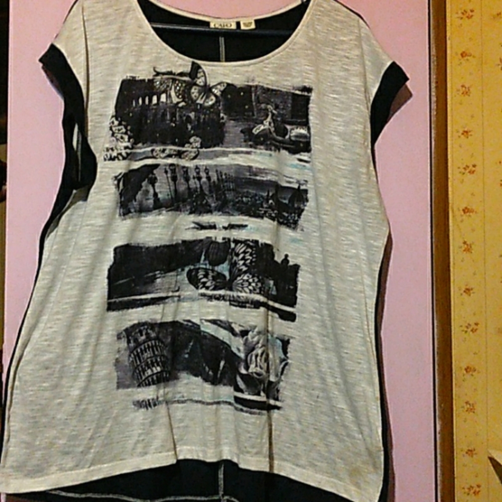 Cato ladies long graphic tee, blue & white with butterflies & sequins;22/24w